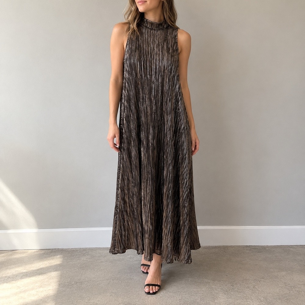 Karlie Bronze Metallic Pleated Maxi Dress Mock Neck Large Glam Party Holiday